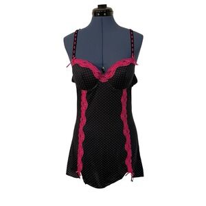 Vtg Y2K Black White Polkadot Pink Lace Chemise Babydoll‎ Cami Sexy Coquette M